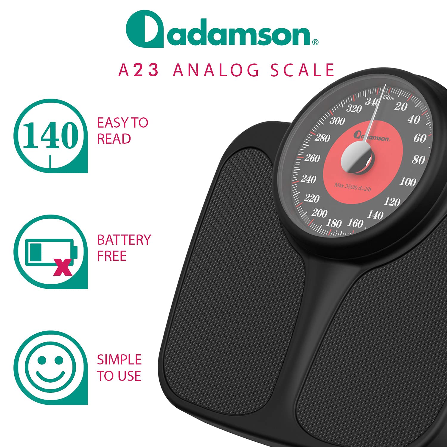 Adamson - Báscula A23 para peso corporal, hasta 350 libras, nueva versión, superficie de goma antideslizante, números extra grandes, báscula de baño de alta precisión, analógica, duradera con garantía