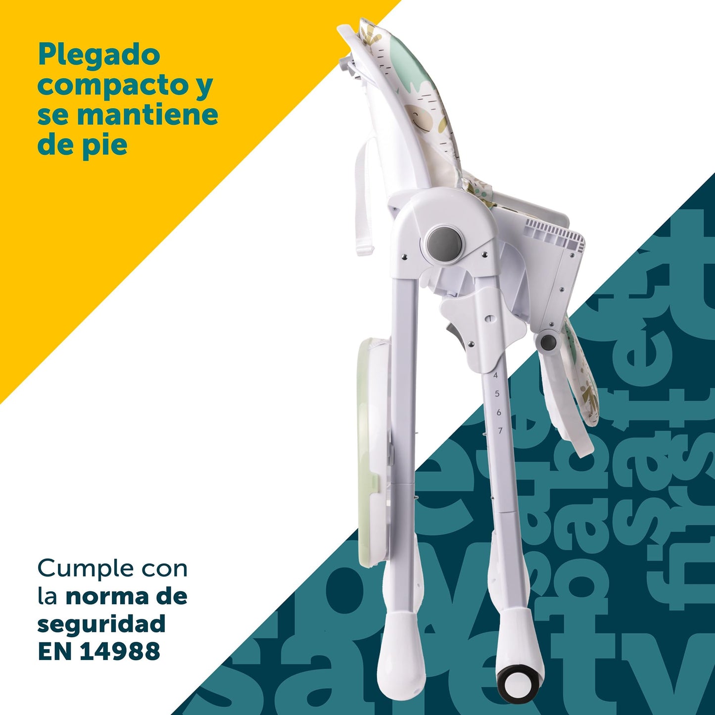 Safety 1st Silla Alta Periquera Tavola, Dinosaurios, 7 posiciones de altura, 3 de reclinación, reposapiés ajustable, doble charola, plegado compacto.