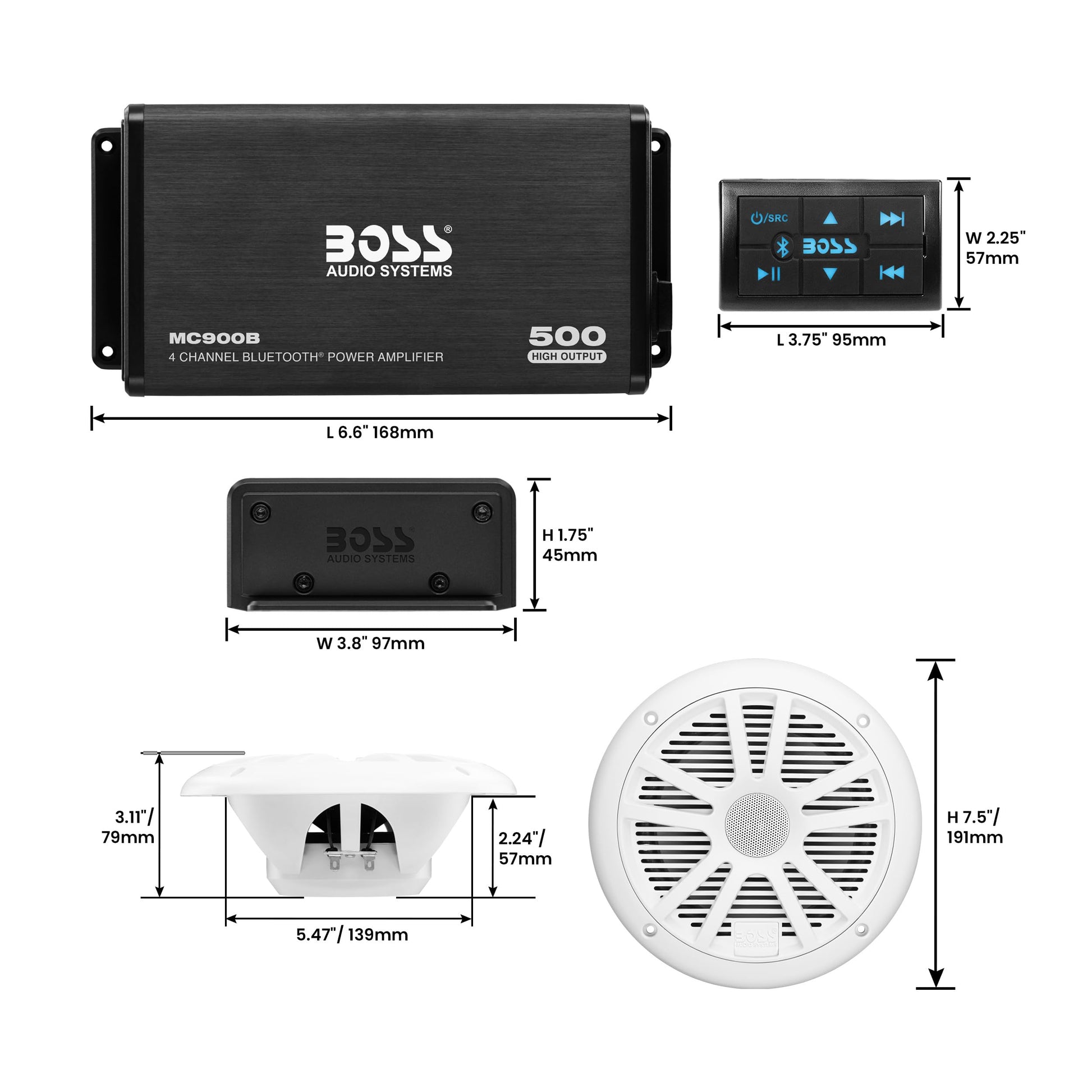 Boss Audio Marine Amplificador de 4 canales, 500 W / bocina de 16.51 cm, sistema Bluetooth de bocinas, Bluetooth remoto, USB auxiliar, interfaz de montaje, bolsa impermeable, Paquete de sistema de Amplificador + 2 bocinas, 1 pair of speakers, Blanco, negr