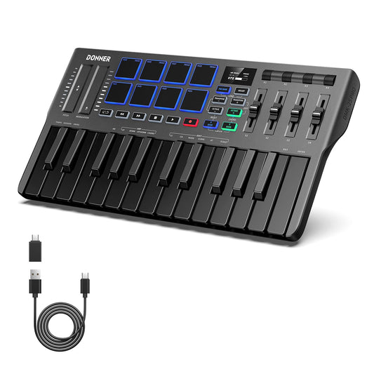 Donner driver de teclado MIDI USB-C con 25 teclas mini teclado MIDI portátil con 8 almohadillas para orejas de batería, visualización OLED, 16 escalas inteligentes, arpegio, repetición, 4 software DAW
