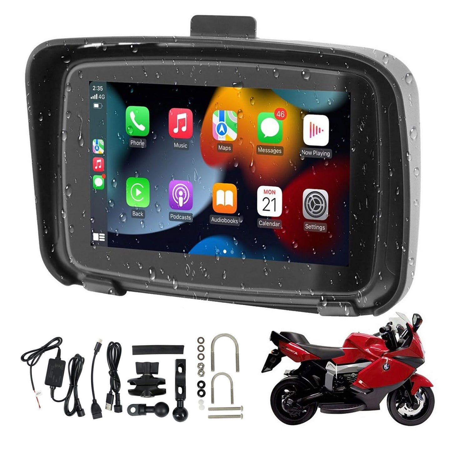 Sunweyer CarPlay portátil inalámbrico Android Auto para motocicleta, pantalla táctil impermeable IPX7 de 12.7 cm (5 pulgadas), navegación GPS automática, Bluetooth dual 5G, compatible con Siri/Google