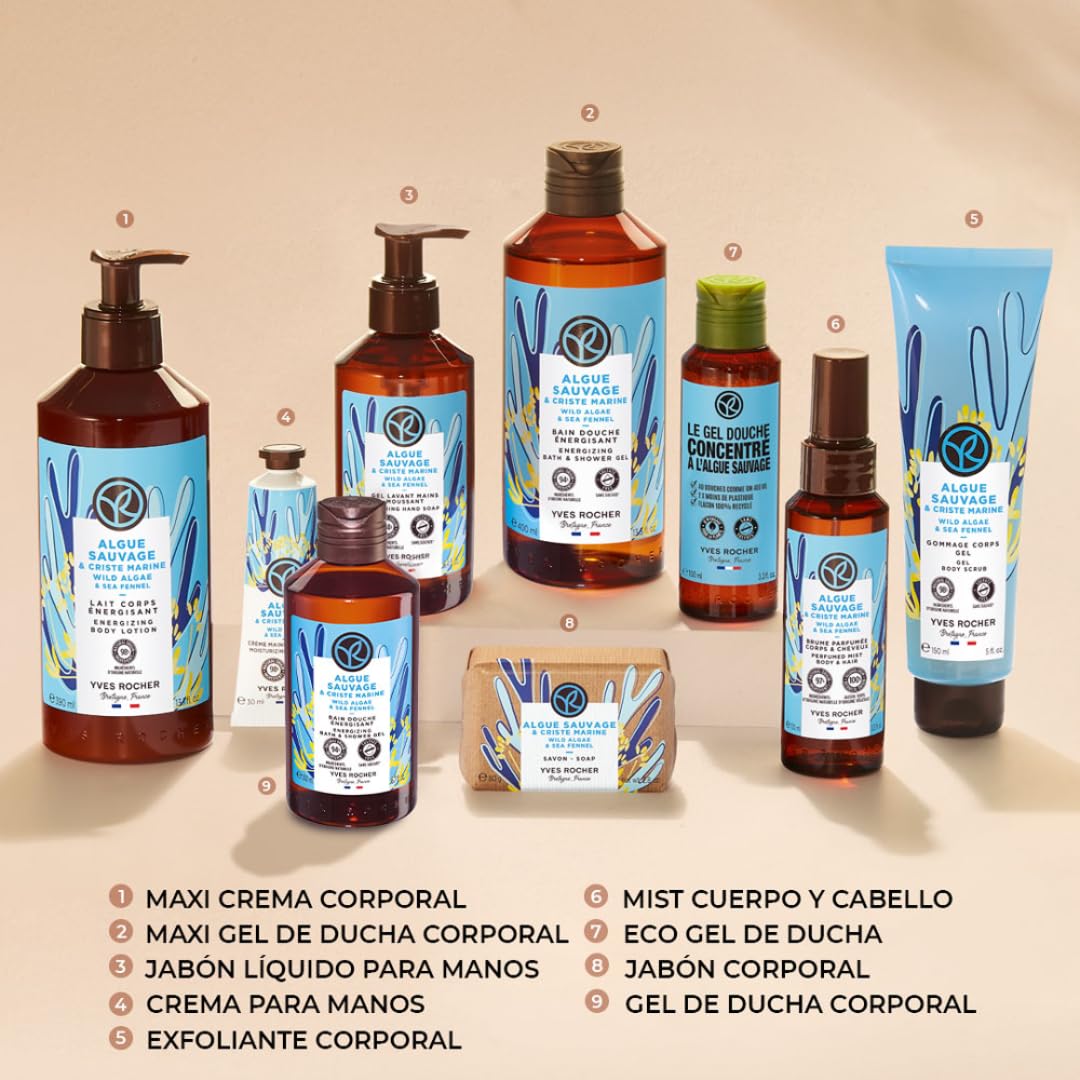 Yves Rocher 4 PACK jabón líquido para manos aromas ENERGIZANTES - ESTIMULANTES: Alga Slavaje + Mango y Cilantro + Frambuesa y Hierbabuena + Flor silvestre (190 ml C/U)