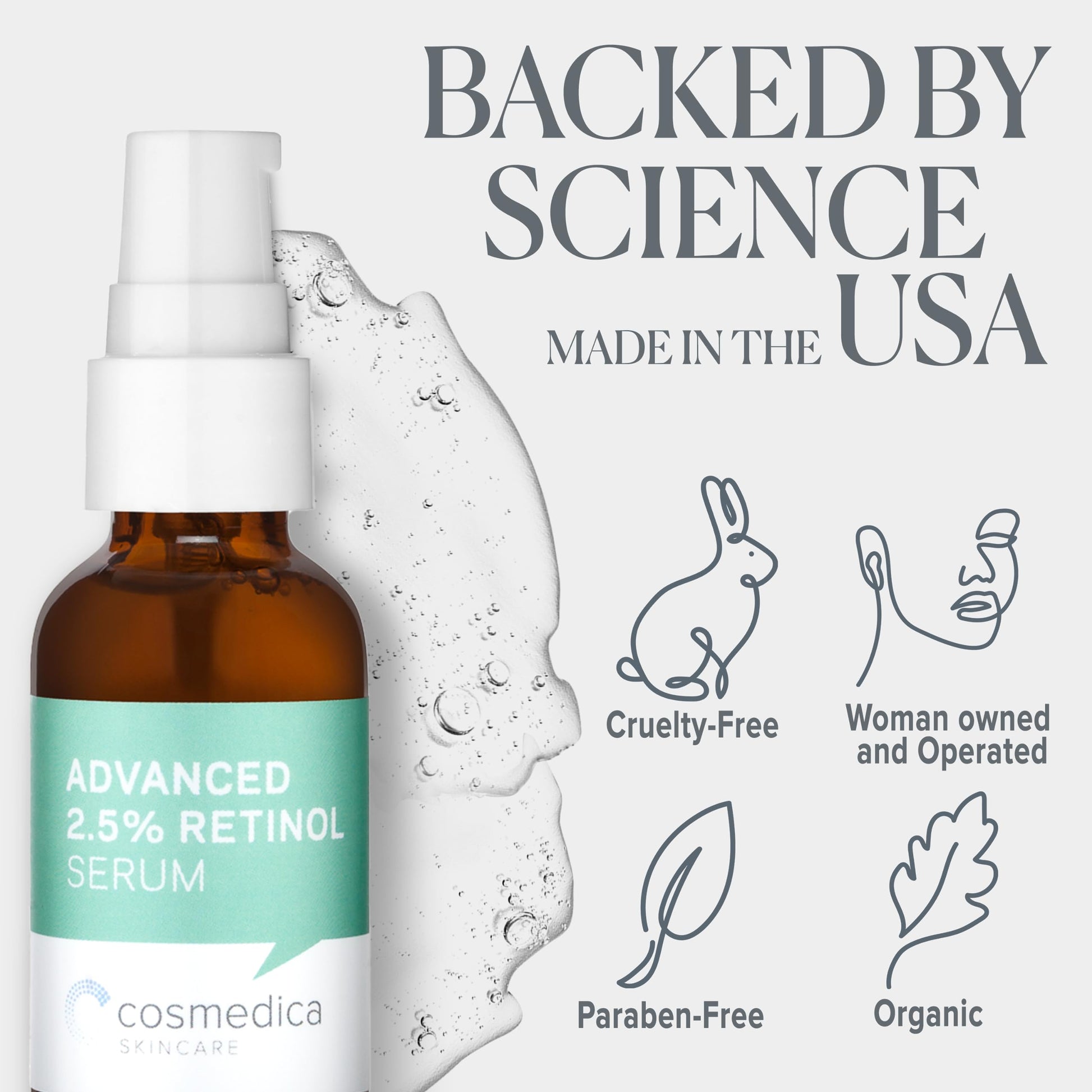 Cosmedica Skincare SUERO DE RETINOL AL 2.5%. Estimula la producción de colágeno y combate las secuelas de acné. Con acido hialuronico y Te verde.