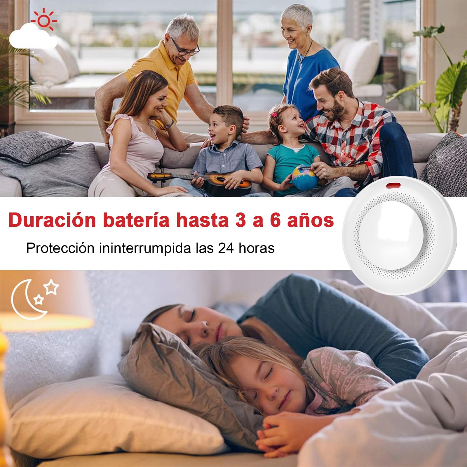 Alarma Detector de Humo RYEWGRV Blanca con Detección de 360° Inalámbrica y Advertencia Sonora LED