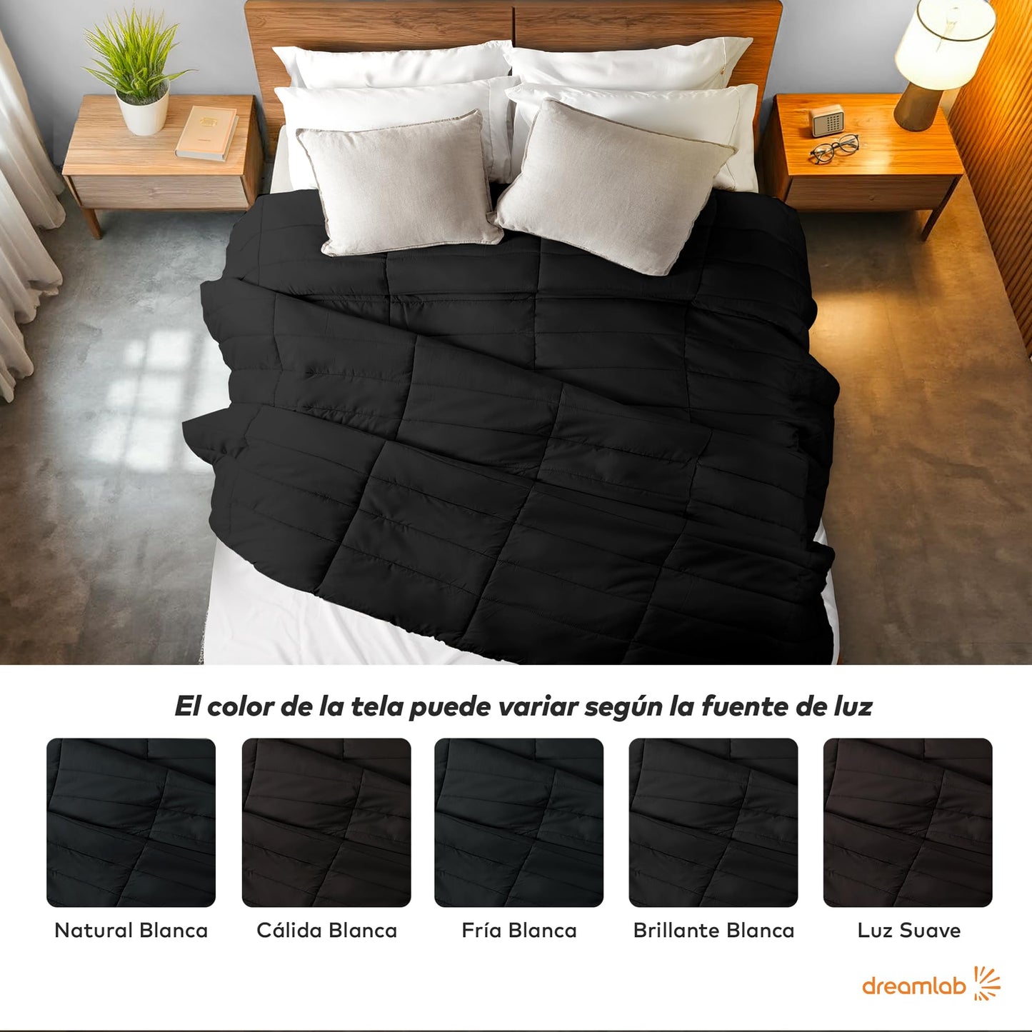 Dreamlab Edredón Acolchado para Toda Estación. Relleno de Microfibras Recubiertas con Gel. Lavado a Máquina. Usar como Edredón o con Funda Duvet. Hipoalergénico. (Negro, Queen 223 x 223cm)