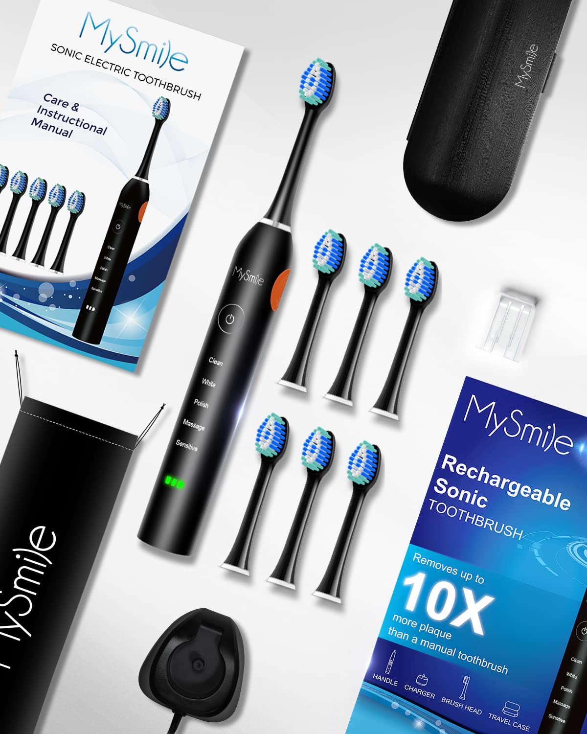 Cepillo de Dientes Eléctrico MySmile Adultos Blanco Recargable con Temporizador Inteligente y 6 Cabezas Intercambiables
