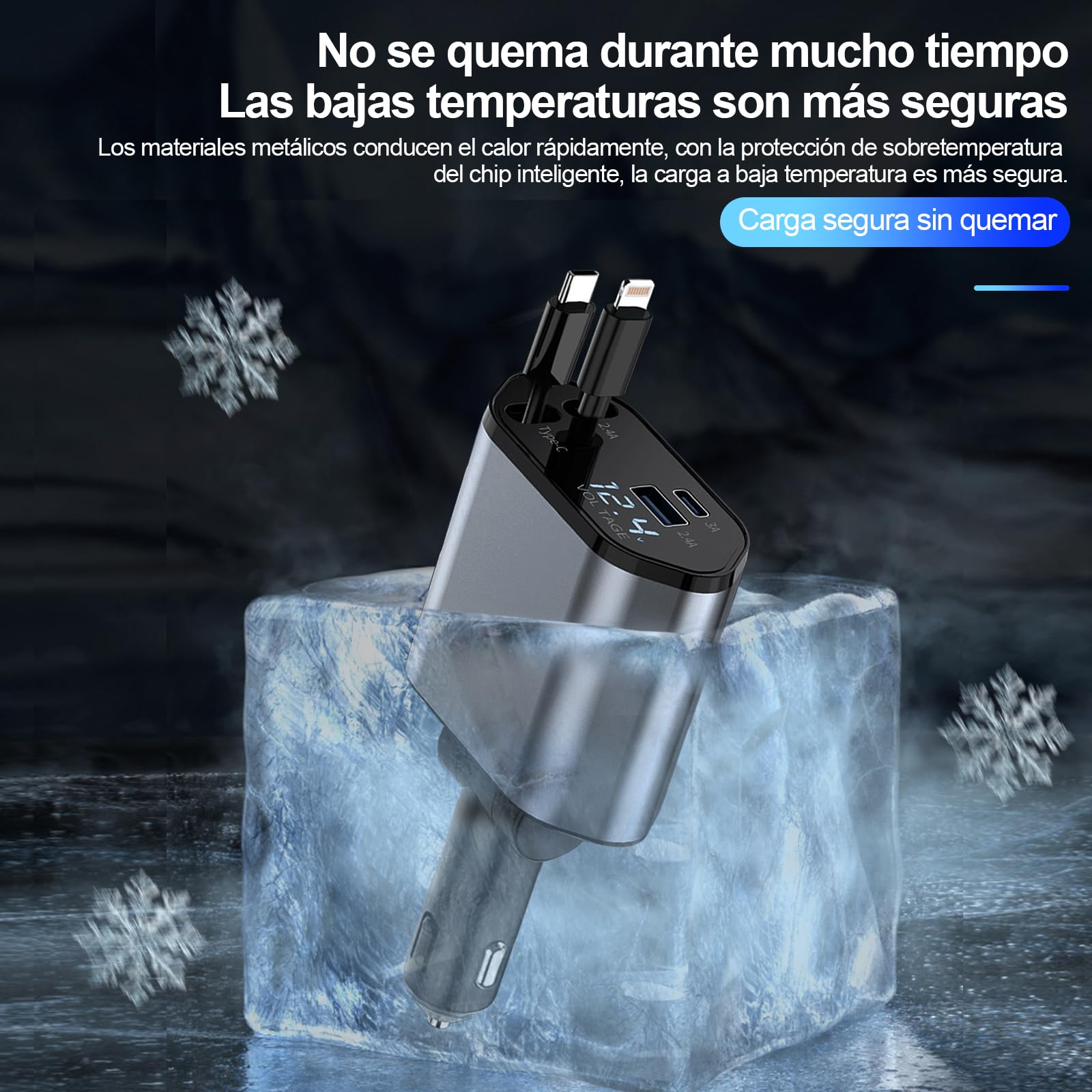 HKEDHD 120W Retráctil Cargador de Coche 4 en 1 Adaptador de Cargador de Coche con Cable Retráctil y Pantalla de Voltaje para Vehículos de 12/24 V, Compatible con Android, iPhone, Samsung,Huawei,Google