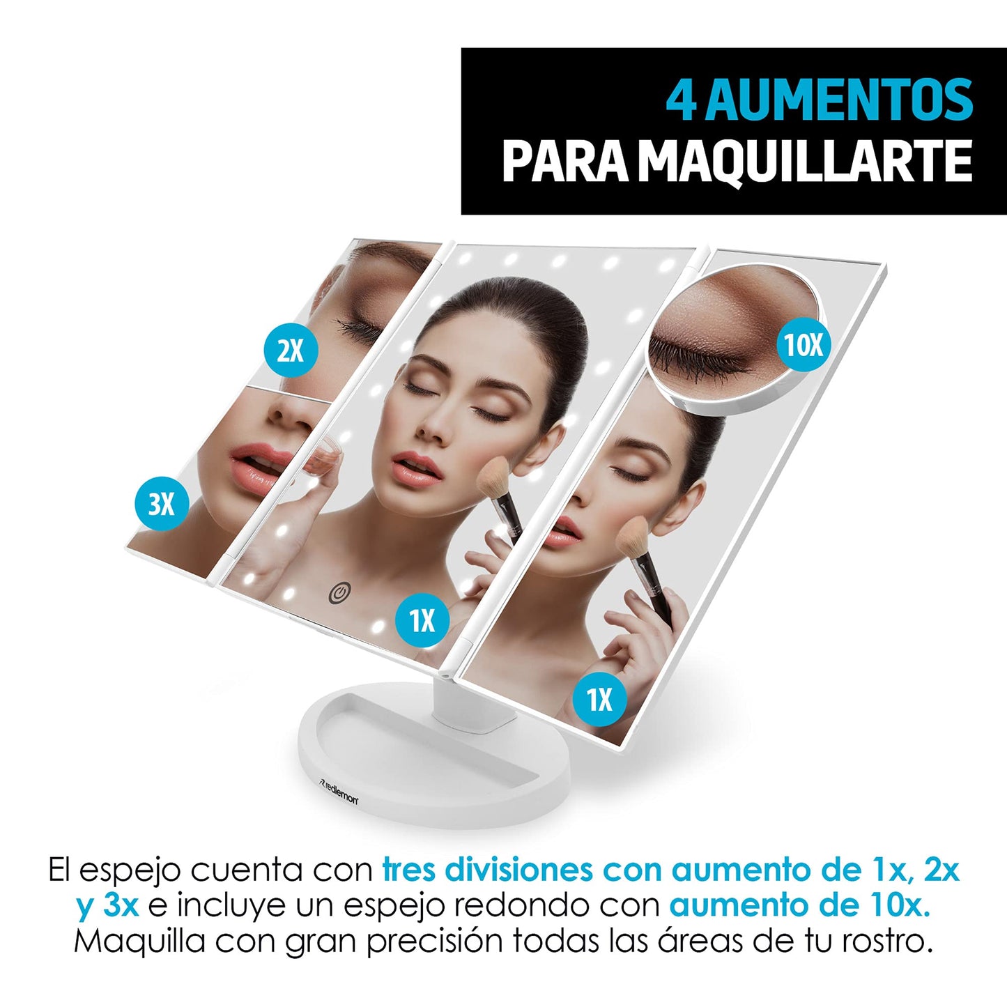 Redlemon Espejo con Luz para Makeup, Espejo para Maquillaje con Aumentos y Luces LED de Intensidad Ajustable, Base con Movimiento 180°, Funciona con Cable de Alimentación o Baterías AAA (no incluidas)