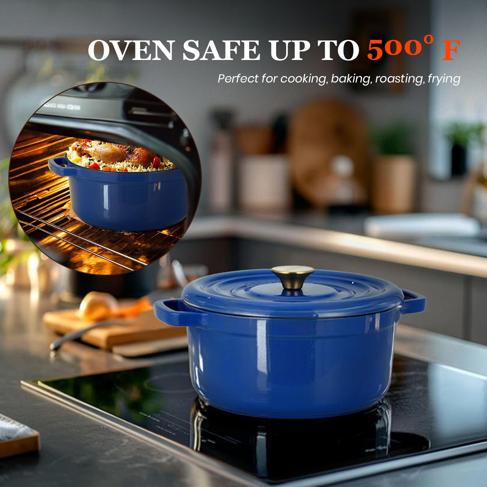 Overmont - Horno holandés de hierro fundido esmaltado de 26 cm, olla de 5 litros con tapa y agarraderas de algodón, utensilios de cocina resistentes para estofado, guisos, asar, hornear pan, color