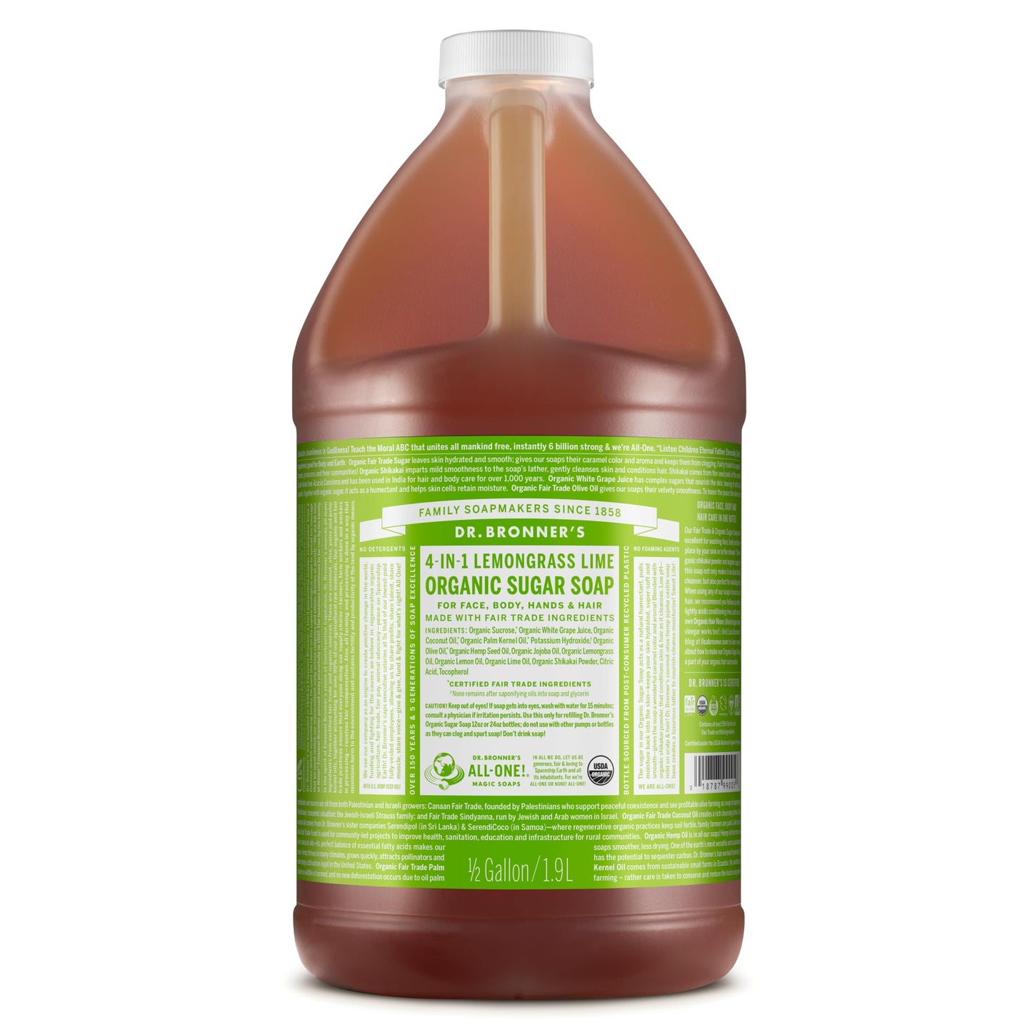Dr. Bronner's | Jabón líquido de azúcar orgánico, elaborado con aceites vegetales, Shikakai y azúcar, usos 4 en 1: manos, cuerpo, rostro y cabello; limpia, hidrata y nutre - Limoncillo, 1.9 L
