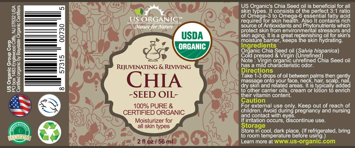 Aceite de semillas de chía orgánicas (Salvia hispanica), certificado orgánico USDA, 100% puro y natural, virgen prensada en frío, sin refinar en botella de vidrio ámbar con cuentagotas de vidrio para una fácil aplicación, (56 ml)