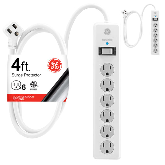 GE Tira Multicontactos De 6 Salidas con Supresor De Picos Y Enchufe Plano, Cable De Extensión De 1.2 Metros (4 Pies), 800 Julios, Cubiertas De Seguridad con Giro para Cerrar, Blanco,2 Unidades, 54634