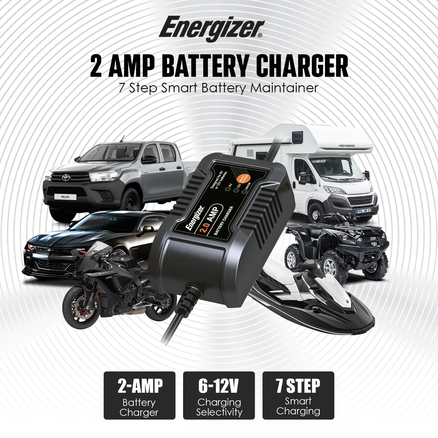 Energizer Cargador Inteligente Automático de 2 Amperios para Baterías de 6 V y 12 V - Mantenedor y Cargador de Goteo Con Tecnología de Carga Inteligente de 7 Pasos