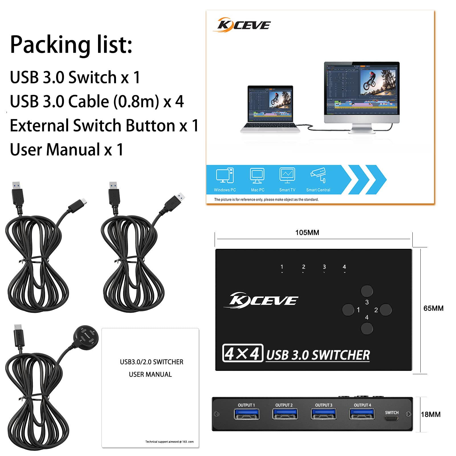 Interruptor USB 3.0, conmutador USB 4 computadoras que comparten 4 dispositivos USB, conmutador periférico USB para teclado, mouse, impresora, escáner, con botón remoto con cable y 4 cables USB 3.0