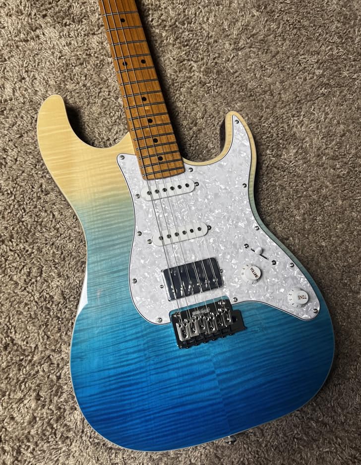 Jet Guitars JS450 TBL Strat Guitarra, pastillas HSS Alnico, cuerpo de tilo sólido con tapa de arce llama, cuello de arce tostado de 22 trastes, afinadores de bloqueo, trémolo de 2 puntos