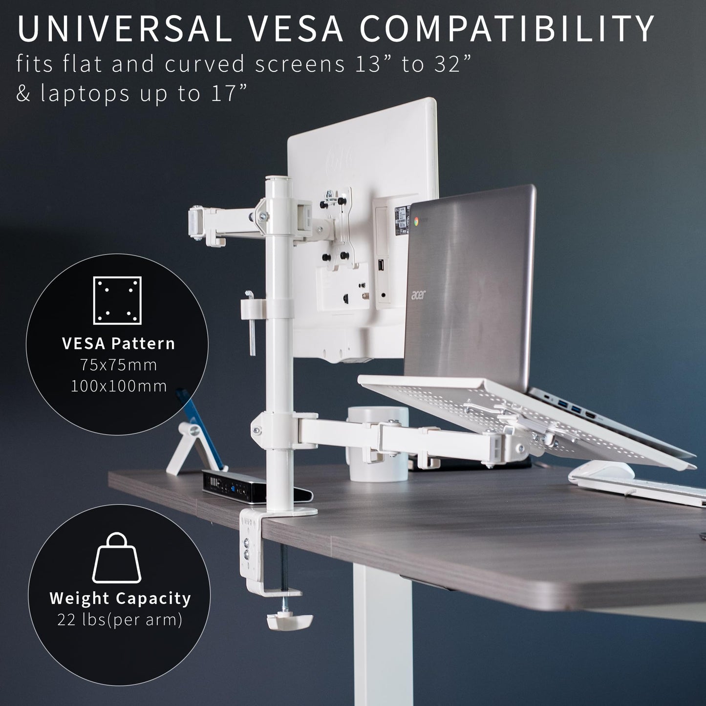 Conjunto de Soporte para Monitor VIVO Blanco totalmente Ajustable para Computadora Individual