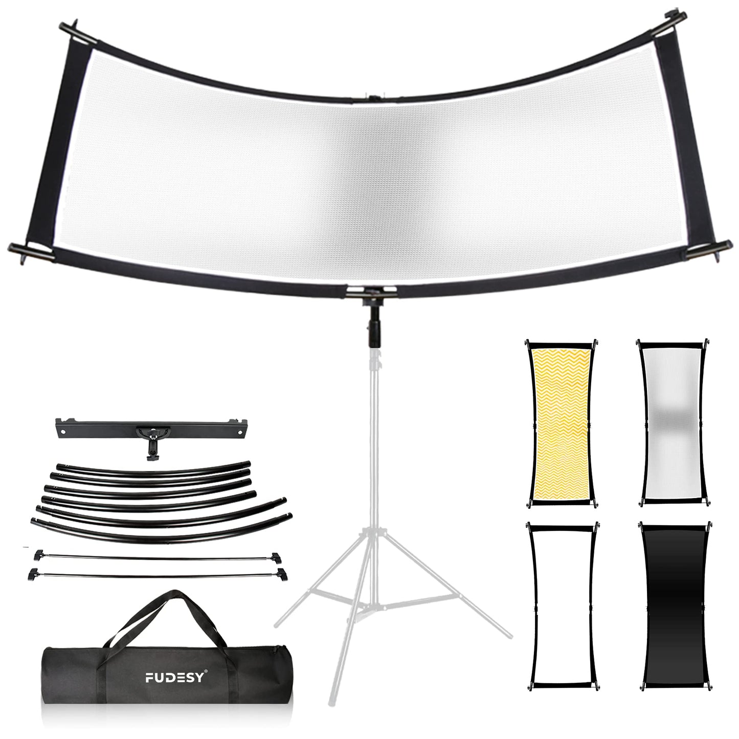 FUDESY Reflector/difusor de luz de concha, reflector curvado de iluminación de fotografía de 170.18 x 60.96 cm, para fotografía y estudio de fotos, con reflectores negro/plateado/blanco/dorado, bolsa