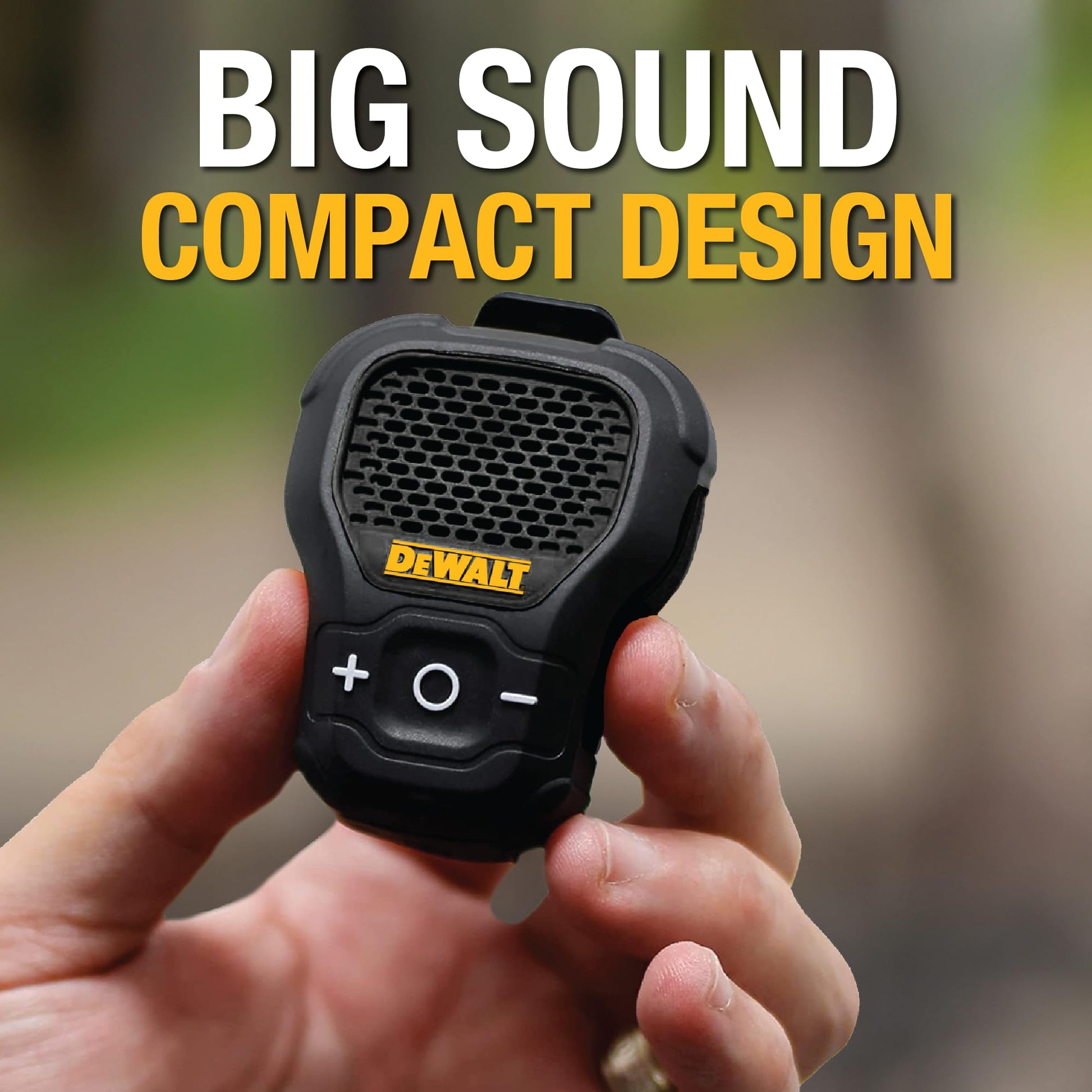 DEWALT - Altavoz Bluetooth portátil [Onyx Edition - Negro] con Clip inalámbrico Jobsite Pro Resistente al Agua (no magnético), micrófono para música y Llamadas Manos Libres, Mini Altavoces Bluetooth