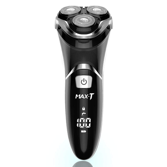 Afeitadora eléctrica para hombres - MAX-T Afeitadora rotativa 3D recargable con cable e inalámbrica para hombres con recortador de patillas emergente húmedo y seco con adaptador de pared 100-240 V