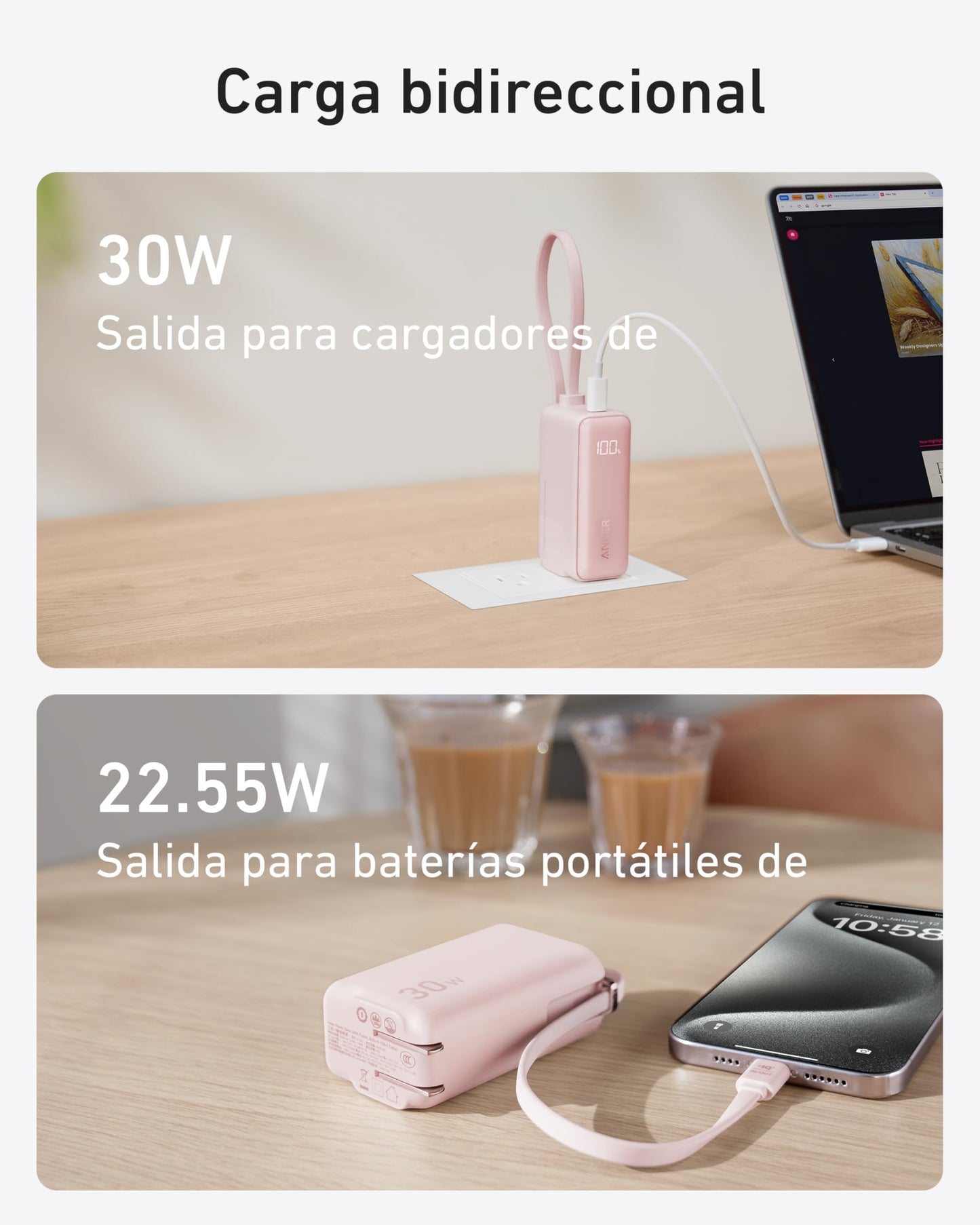 Power Bank Anker Negro 3 en 1 de 5,000 mAh con Cable USB-C y Enchufe Plegable para iPhone y Galaxy
