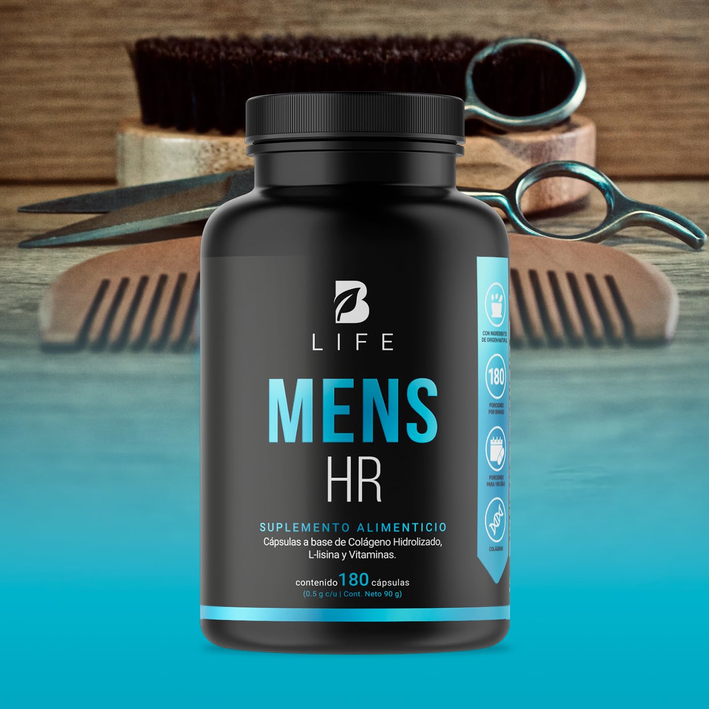 B Life Company Vitaminas para el Cabello del Hombre 180 Cápsulas 500 mg por cápsula. Colágeno Hidrolizado, L Lysina, Zinc, B5, B6, Biotina y D3. Ingredientes naturales. Mens HR.