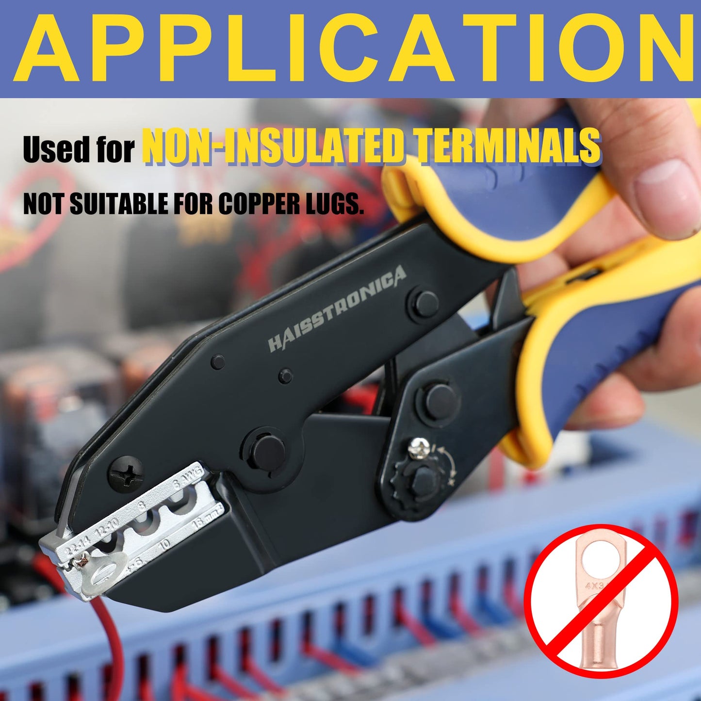 Haisstronica Herramienta de crimpado para terminal no aislado, AWG 22-6 Herramienta de crimpado de alambre de carraca, crimpadora de terminales de alambre HS-7327