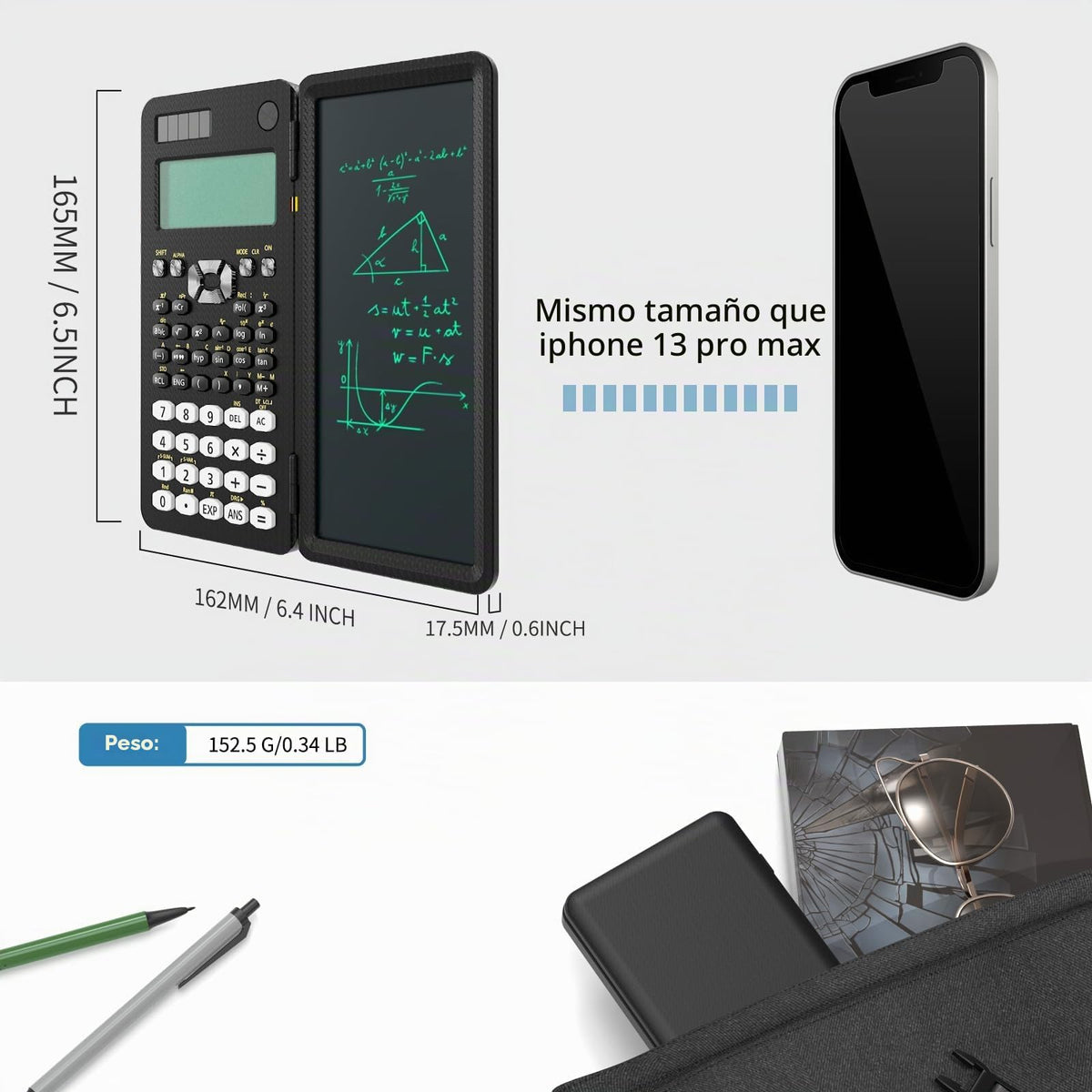 Calculadora Científica ROATEE Negra con Tableta de Notas Solar y Batería Pantalla de 2 Líneas Plegable para Estudiantes