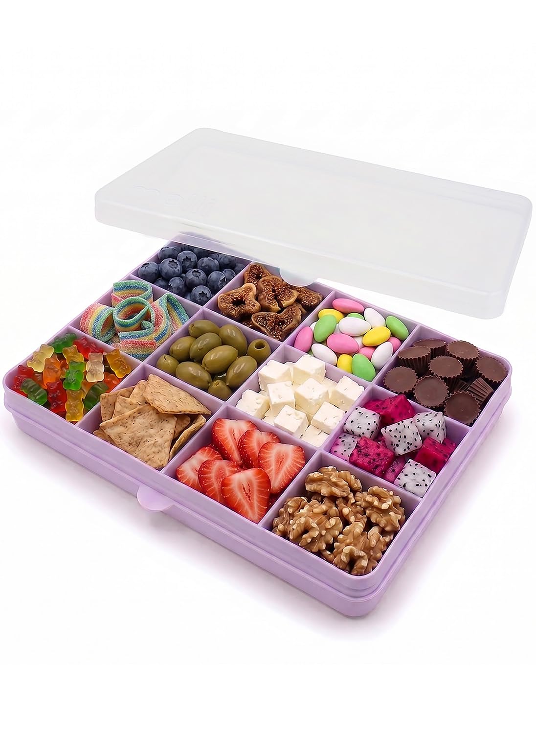 Melii Snackle Box | Contenedor de aperitivos dividido de 12 compartimentos, almacenamiento de alimentos sin BPA, divisores extraíbles, perfecto para botanas de niños, artes y manualidades, abalorio y
