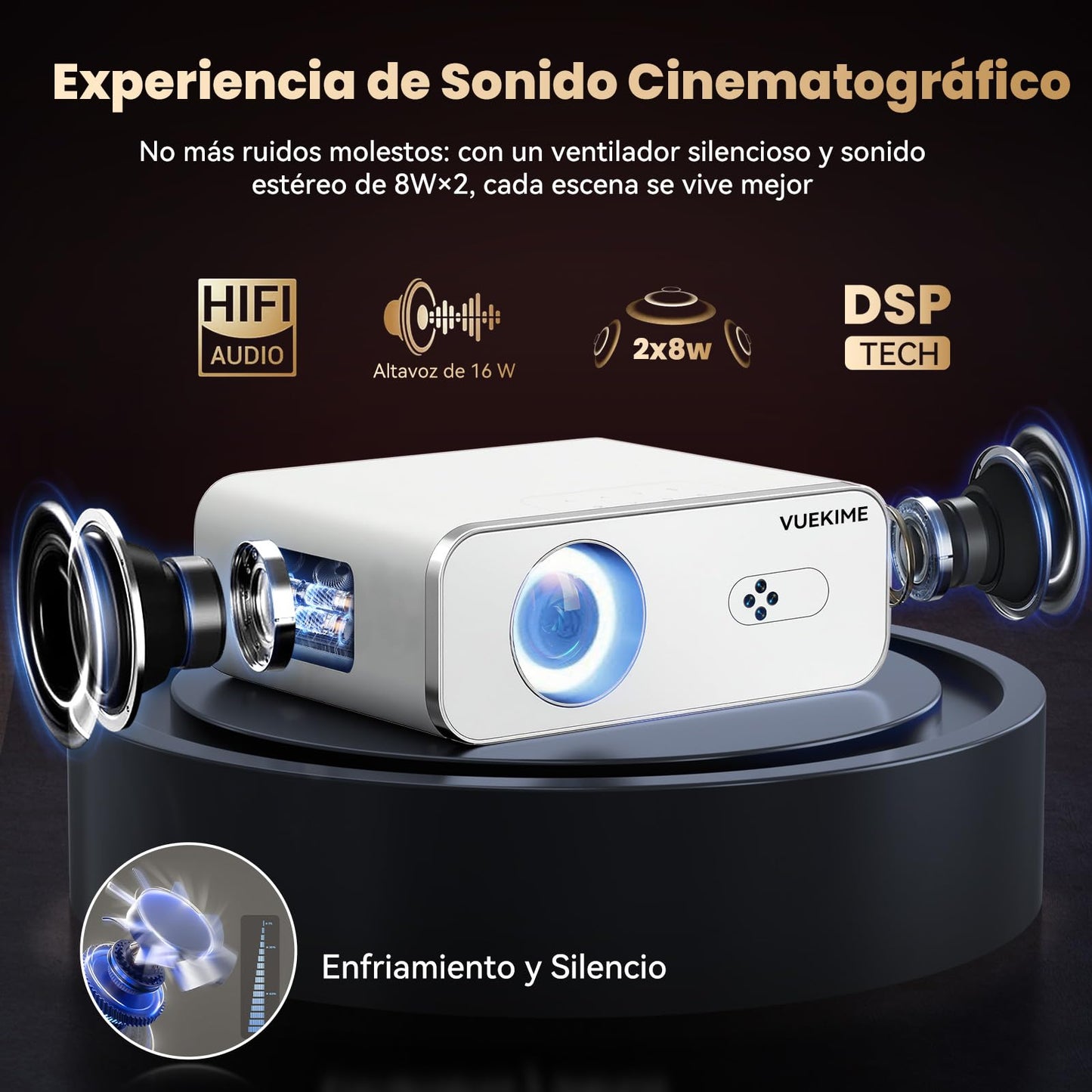 VUEKIME 【Enfoque Automático/1000ANSI】 Proyector 4K Pro Portátil, Android 12.0, Silencioso, 300 Pulgadas, 40000 Lúmenes, Soporte 4K, 2.4/5GHz WiFi 6, Bluetooth 5.2, Compatible con iOS/Android/PC/PS5