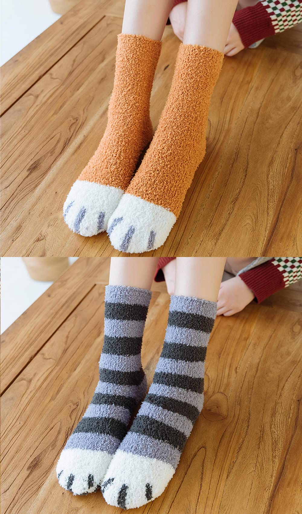 CutiePlusU - Calcetines de forro polar de coral para mujer, mullidos y acogedores calcetines de felpa para invierno, paquete de 2, Sólido + rayas, Large