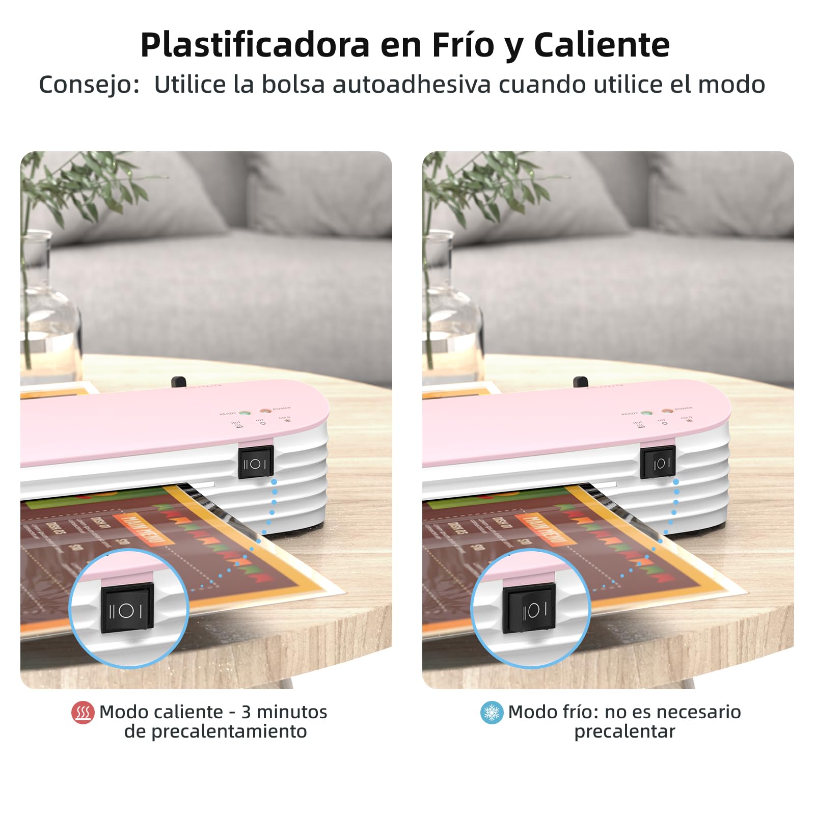 GirlsHome Plastificadora Térmica, 8 en 1 Plastificadora con 300 Hojas de Plastificado, Plastificadora Térmica/Frio/Foil， Laminadora Enmicadora Térmica (Rosado)