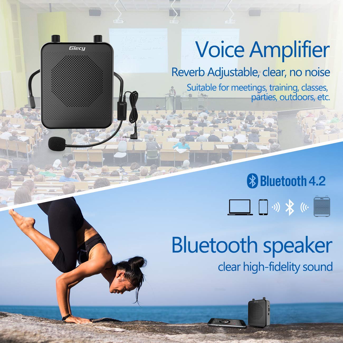 Giecy - Amplificador de Voz Personal, Amplificador de Voz portátil, 30 W, 2800 mAh, Sistema PA Recargable para múltiples ubicaciones, Aula, reuniones y Exteriores
