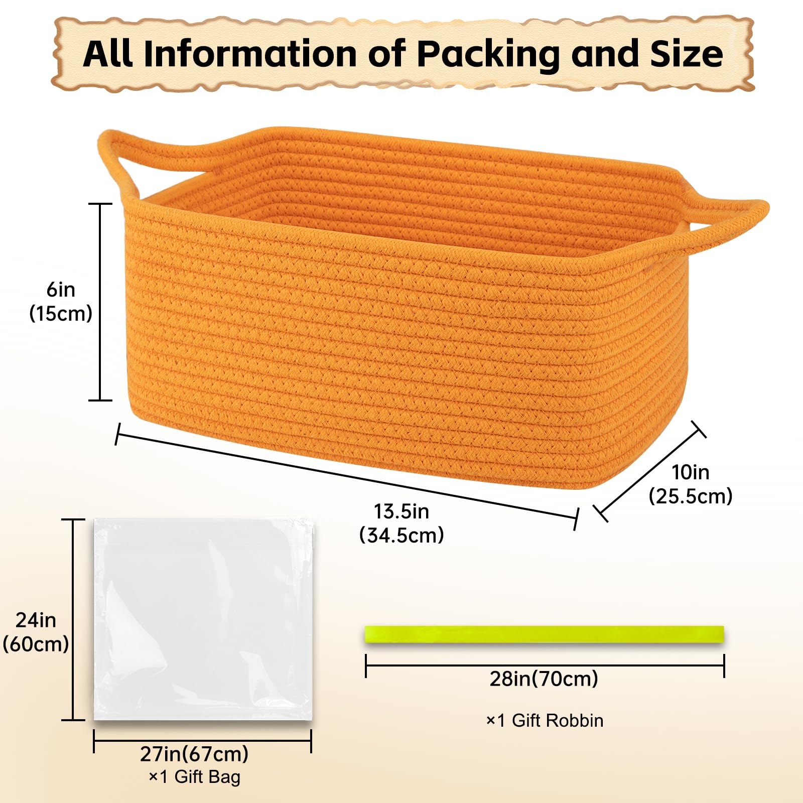 OIAHOMY - Cesta de regalo vacía con bolsas de regalo y cintas, cesta de cuerda para baby shower, cesta de almacenamiento con asas para guardería, cesta de juguetes para mascotas, color naranja