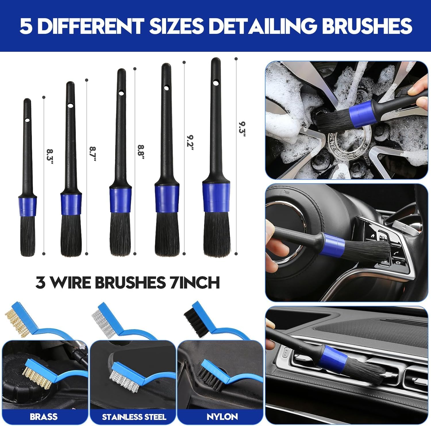 Korins 33Pzs Juego de Cepillos para Coches, Kit de Limpieza del Coche, Kit de Detallado del Coche, Cepillos de Limpieza, Herramienta para Limpiar el Parabrisas del Coche