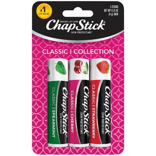 ChapStick Classic (3 Sticks) Cherry, Strawberry & Spearmint Flavor Skin Protectant Flavored Lip Balm Tube, 0.15 Ounce Each