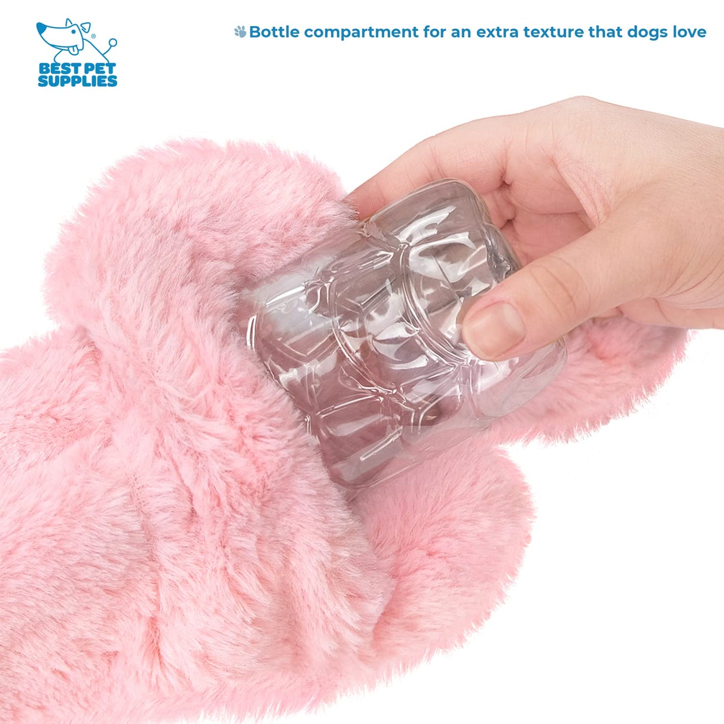 Best Pet Supplies Juguetes chirriantes 2 en 1 para Perros con Tela Suave, Capacidad para una Botella de plástico, tamaño Mediano, (Liebre, Vaca, león, Overol, Ardilla)