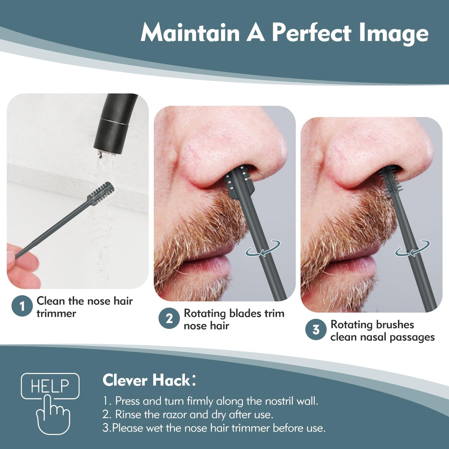 MIVZO - Cortador de pelo nasal 2 en 1, de doble cara, recortador de pelo para nariz manual, portátil, con cepillo de limpieza suave para mujeres y hombres (gris)