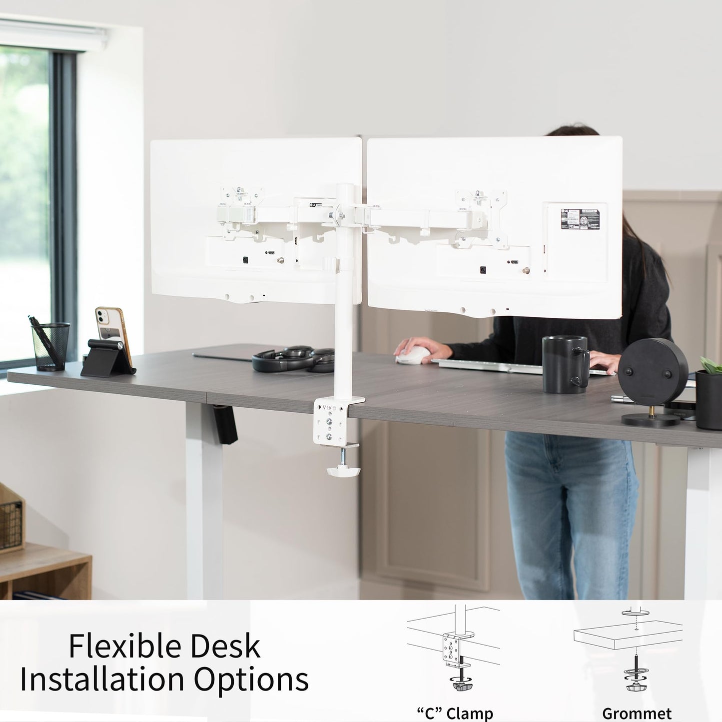 Soporte de Computadora VIVO Blanco para Monitor Doble Ajustable Resistente