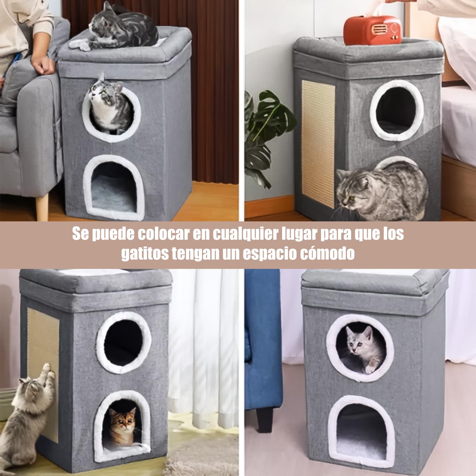 SDRO Cama para Gatos, 3 Niveles Nido para Gatos Plegable Nido para Gatos de Interior Viene con 2 Cojines Extraíbles y Rascador Agujeros para Gatitos, Gatos Grandes, Apartamentos para Mascotas(A)