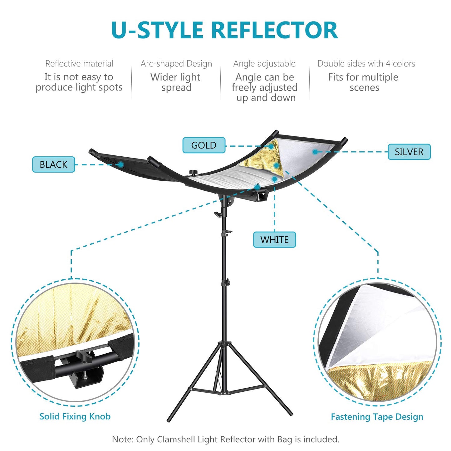 NEEWER Clamshell Difusor Reflector de Luz con Bolsa de Transporte,39”×18”/100x45cm Reflector de Iluminación Curvo para Estudio de Video y Fotografía, Negro/Blanco/Dorado/Plateado (Soporte no Incluido)