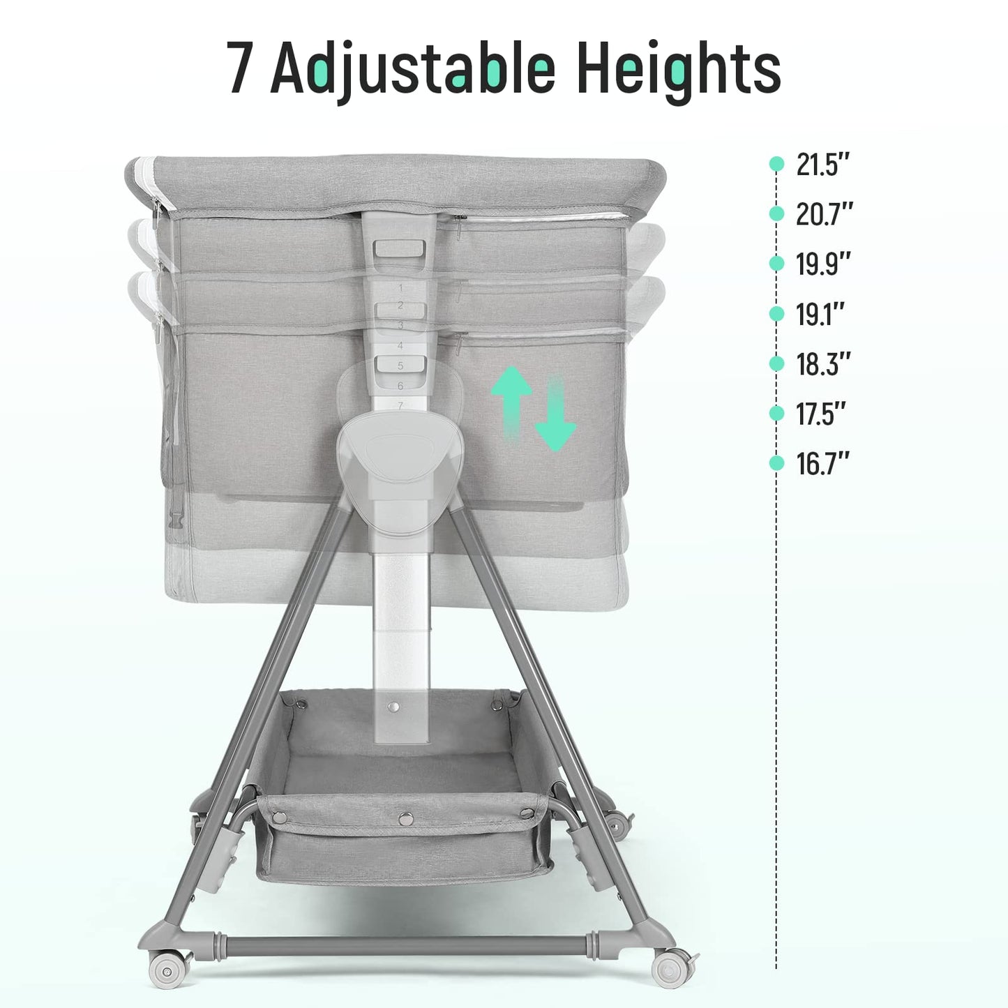Cowiewie - Moisés para cama de noche, con 7 altura ajustable, moisés de noche para bebé con almacenamiento, malla transpirable y colchón, moisés portátil fácil de plegar (pirámide gris claro)