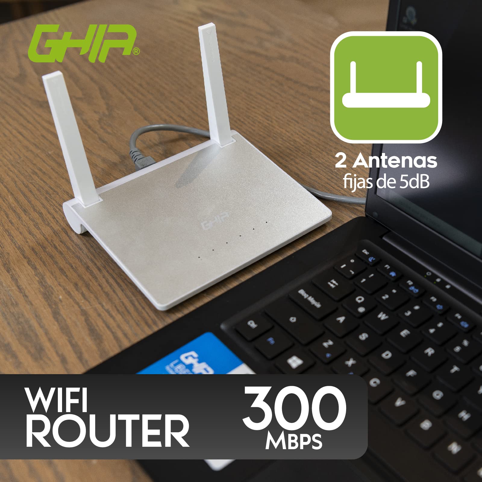 GHIA Router INALAMBRICO 300MBPS 802. MULTIMODO Access Point REPETIDOR WISP 11N/G/B 3 Puertos LAN 10/100 1 Puerto WAN 10/100 2 Antenas FIJAS EXTERNAS 5DBI
