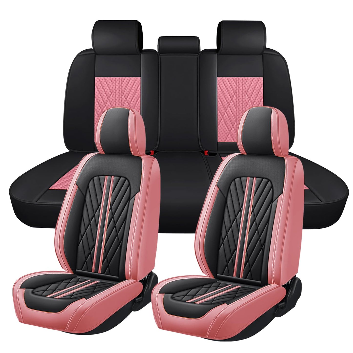 OFFCEI Fundas para Asientos de Cuero Impermeable y Lavable, Universal para Coches Medianos/Pequeños de 5 Plazas/SUV (Negro y Rosa)