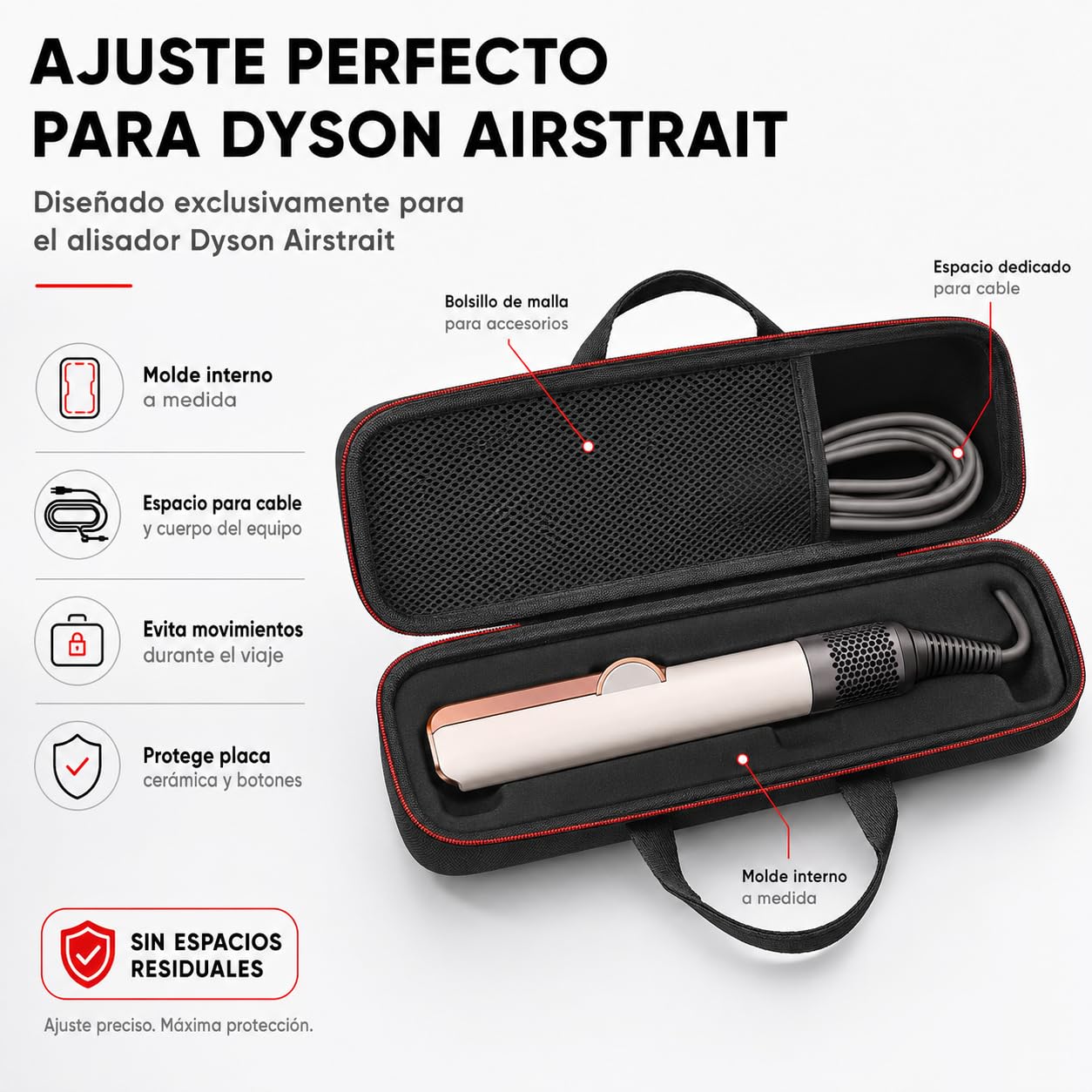 TYEGDAVD Estuche de Viaje Rígido para Dyson Airstrait | Ultradelgado 14cm Cumple con Equipaje de Mano, Protección 3 en 1 Anticaídas Impermeable + Bolsa de Malla para Cable de Carga
