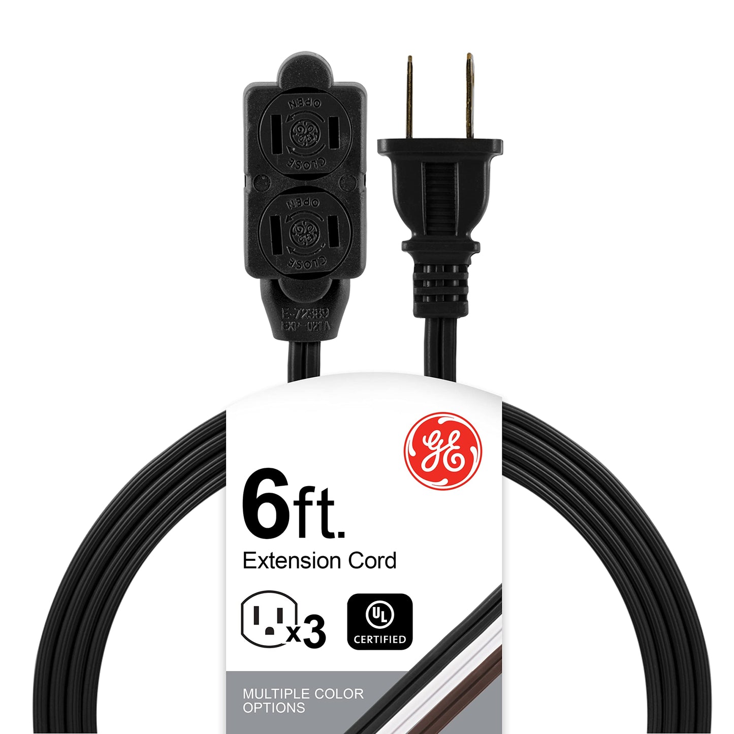GE 45148 - Cable de extensión de 3 tomacorrientes con múltiples tomacorrientes de 6 pies, 2 clavijas, calibre 16, fundas de seguridad de giro para cerrar, extensor para interiores con certificación UL