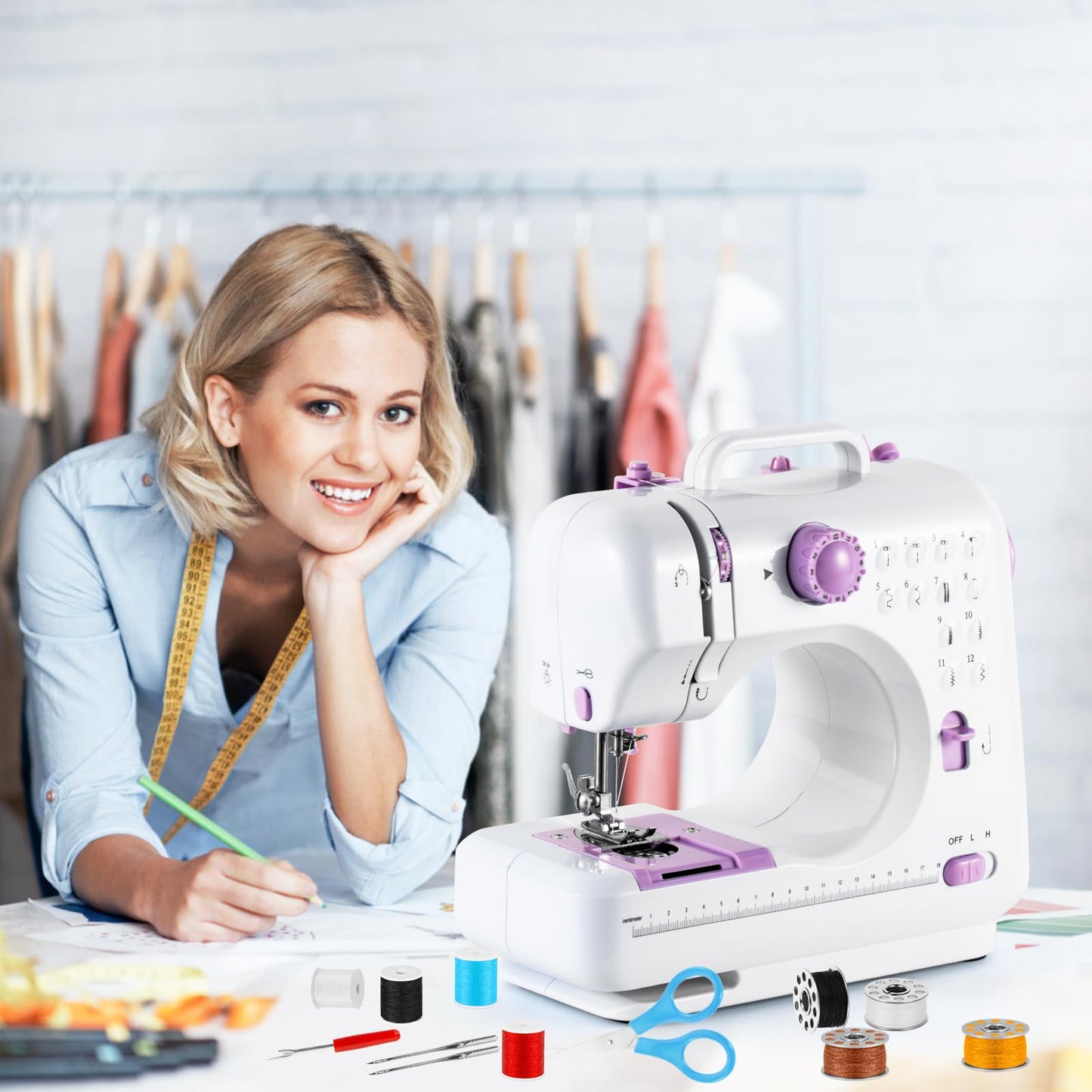 Máquina de Coser, Mini Máquina de Coser Máquina de Coser Eléctronico Portátil, 12 Puntadas Maquina de Coser con Luz de LED, Kit de accesorios de costura, Ideal para Ropa, Fundas de Almohadas, Sábanas
