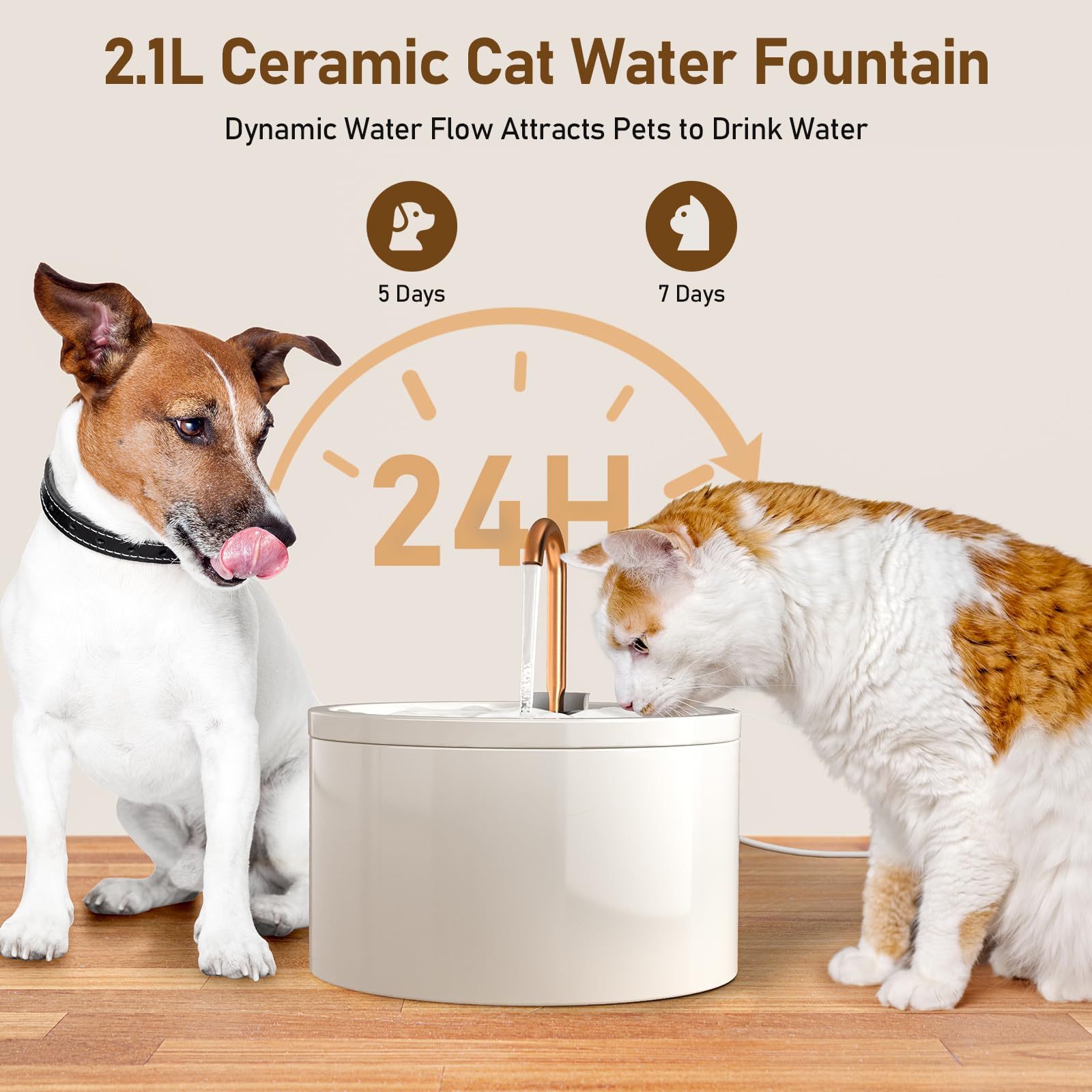 DOOOB - Fuente de agua de cerámica para gatos, fuente de cerámica de 2.1 l/77 onzas, fuente de agua automática de cerámica para gatos, fuente de agua para mascotas con bomba ultra silenciosa y 1