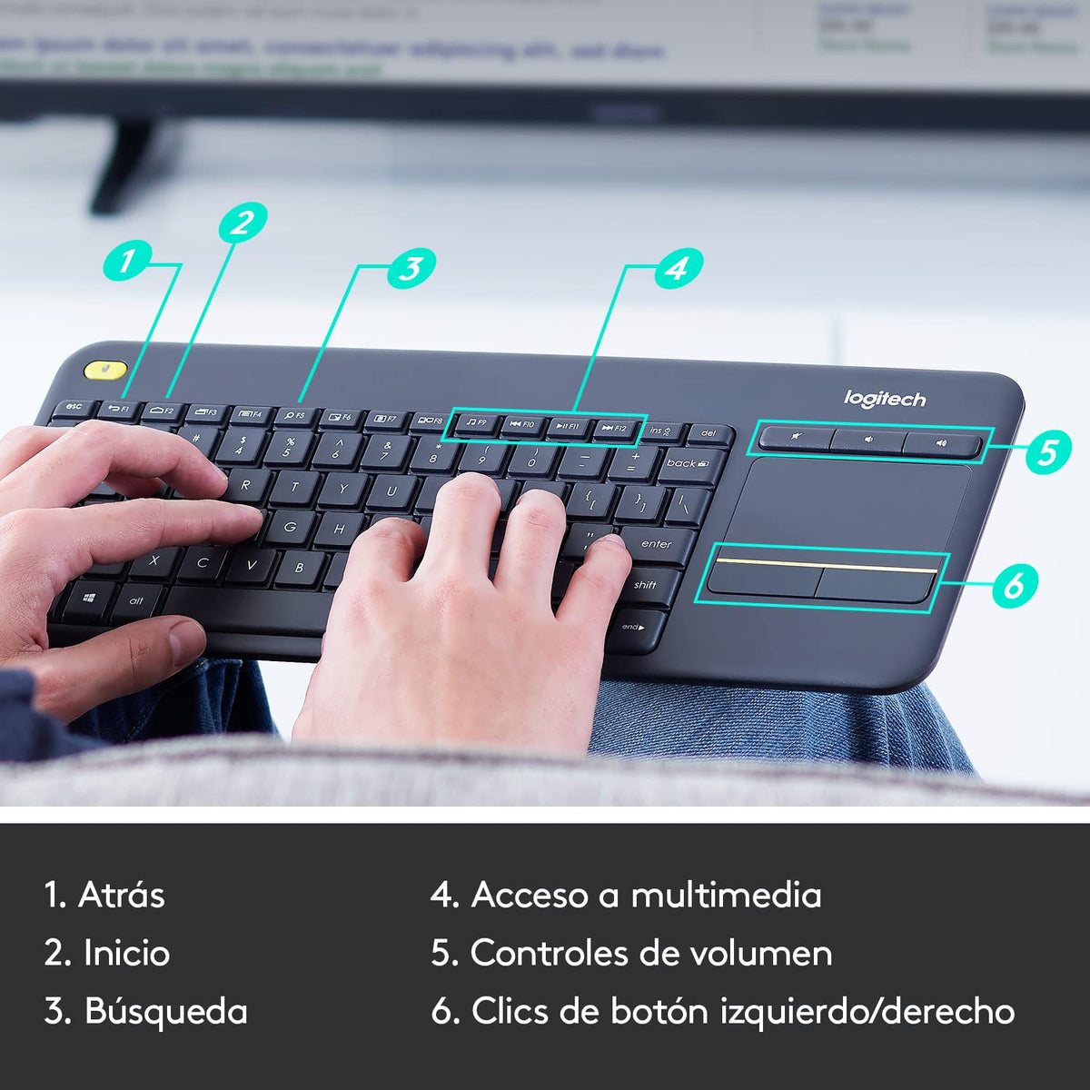 Teclado Inalámbrico Logitech K400 Plus Negro con Touchpad Integrado para TV y PC