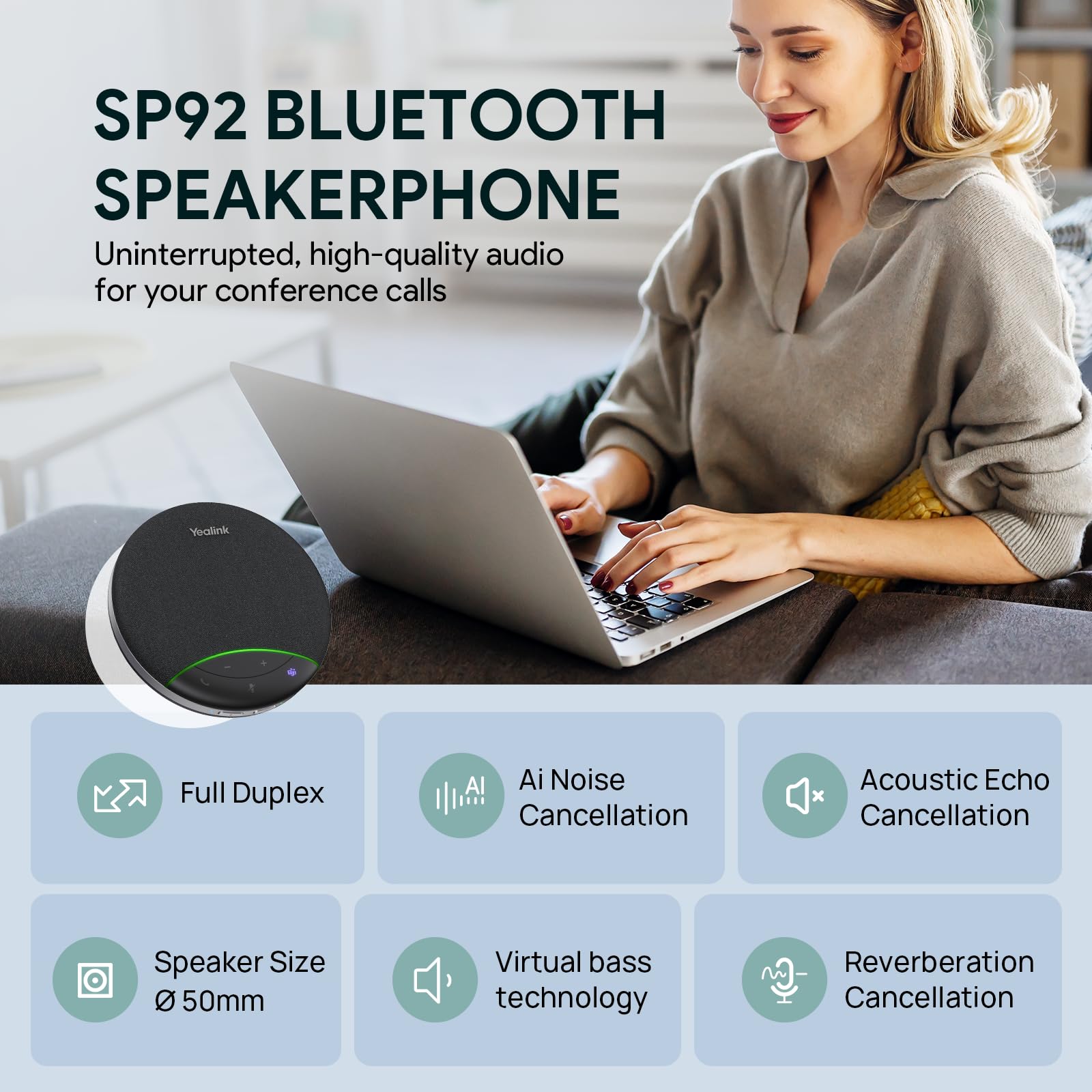 Yealink Sp92 - Altavoz de conferencias y micrófonos con micrófono certificado con cancelación de ruido Al 20 horas de tiempo de llamada USB para sala de reuniones pequeña, altavoz Bluetooth para