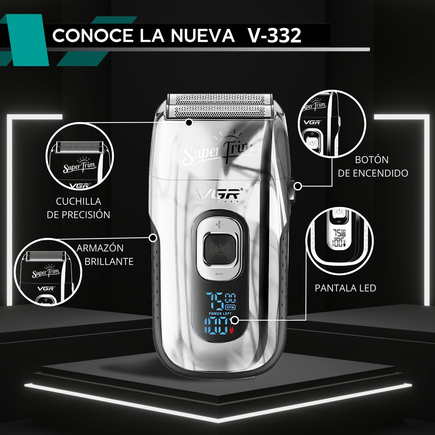 Rasuradora para Hombre Shaver Trimmer VGR V-332, Profesional, Maquina para Cortar Cabello, Barba y Patillas Inalámbrica, Recargable (Plateado)